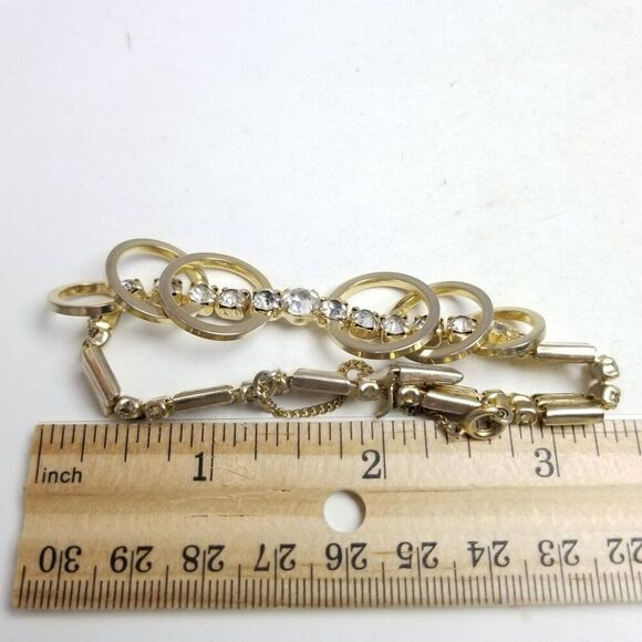 Vintage SAC Sarah Coventry Rhinestone Gold Tone Bracelet, Retro Design, Estate - Picture 5 of 7